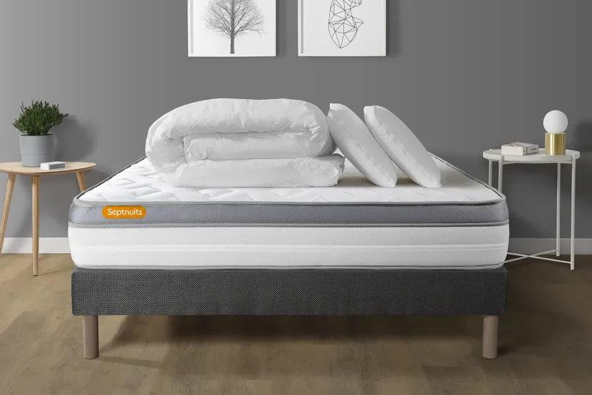 Pack lit complet 140x200 cm - Matelas + Sommier Gris + 2 oreillers + Couette - Memo Zen