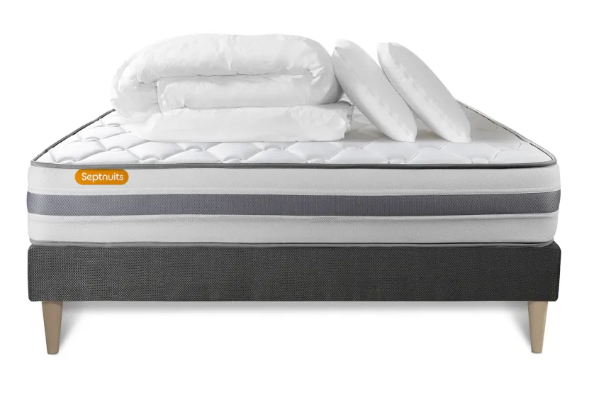 Pack lit complet 180x200 cm - Matelas + Sommier Gris (en kit) + 2 oreillers + Couette - Memo Spring