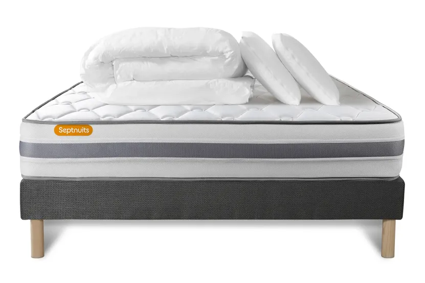 Pack lit complet 140x190 cm - Matelas + Sommier Gris + 2 oreillers + Couette - Memo Spring