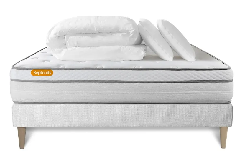 Pack lit complet 200x200 cm - Matelas + Sommier Blanc (en kit) + 2 oreillers + Couette - Memo Luxe