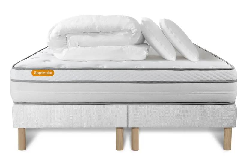 Pack lit complet 200x200 cm - Matelas + 2 Sommiers Blancs + 2 oreillers + Couette - Memo Luxe