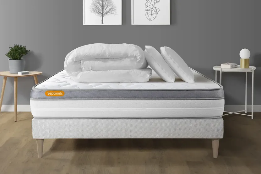 Pack lit complet 180x200 cm - Matelas + Sommier Blanc (en kit) + 2 oreillers + Couette - Memo Zen