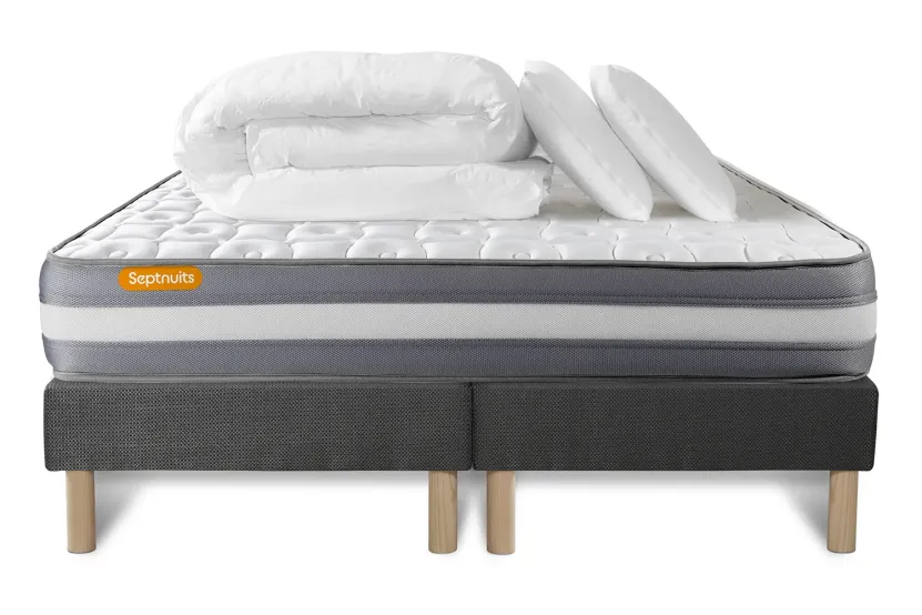 Pack lit complet 160x200 cm - Matelas + 2 Sommiers Gris + 2 oreillers + Couette - Memo Plus