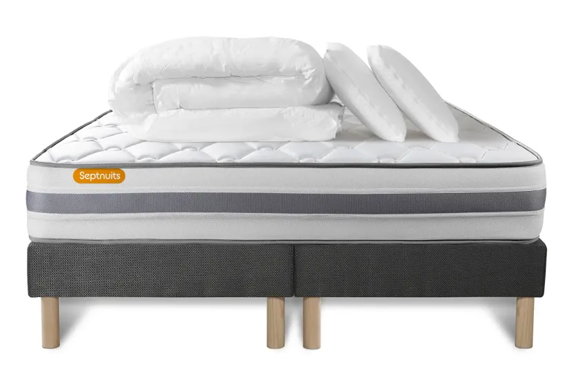 Pack lit complet 180x200 cm - Matelas + 2 Sommiers Gris + 2 oreillers + Couette - Memo Spring