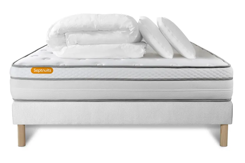 Pack lit complet 160x200 cm - Matelas + Sommier Blanc + 2 oreillers + Couette - Memo Luxe