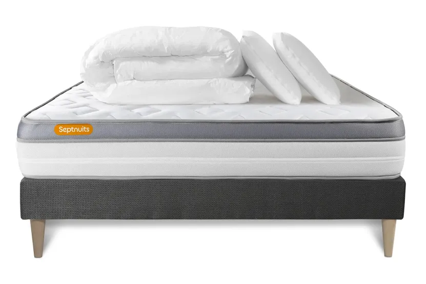 Pack lit complet 200x200 cm - Matelas + Sommier Gris (en kit) + 2 oreillers + Couette - Memo Zen