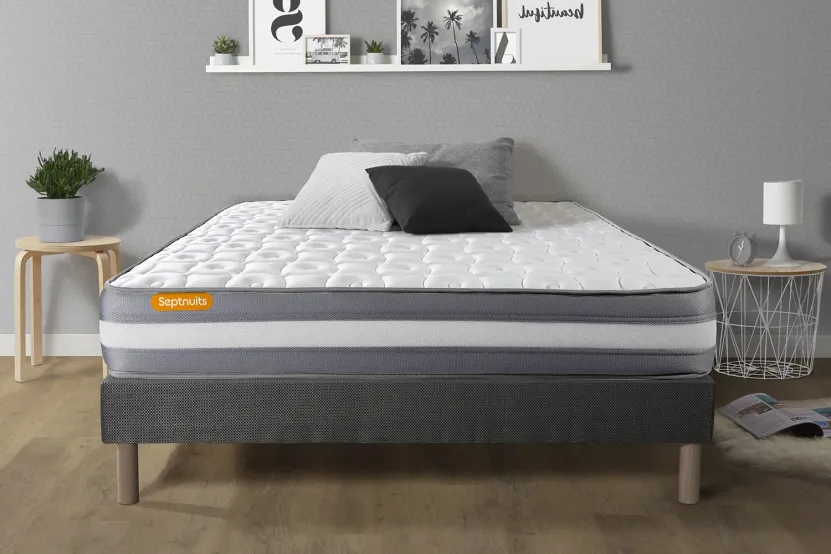 Ensemble Matelas Sommier 140x190 cm - Sommier Gris (déjà monté) - Memo Plus