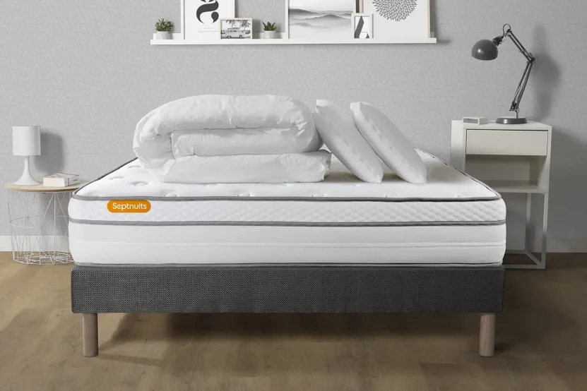 Pack lit complet 140x190 cm - Matelas + Sommier Gris + 2 oreillers + Couette - Memo Luxe