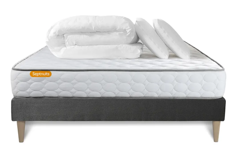 Pack lit complet 140x200 cm - Matelas + Sommier Gris (en kit) + 2 oreillers + Couette - Memo