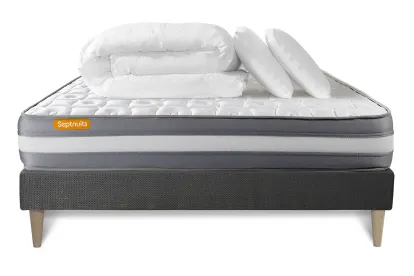 Pack lit complet 140x190 cm - Matelas + Sommier Gris (en kit) + 2 oreillers + Couette - Memo Plus