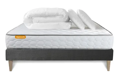Pack lit complet 140x190 cm - Matelas + Sommier Gris (en kit) + 2 oreillers + Couette - Memo