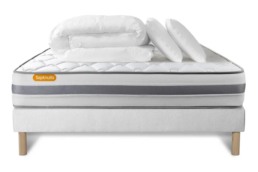 Pack lit complet 140x200 cm - Matelas + Sommier Blanc + 2 oreillers + Couette - Memo Spring