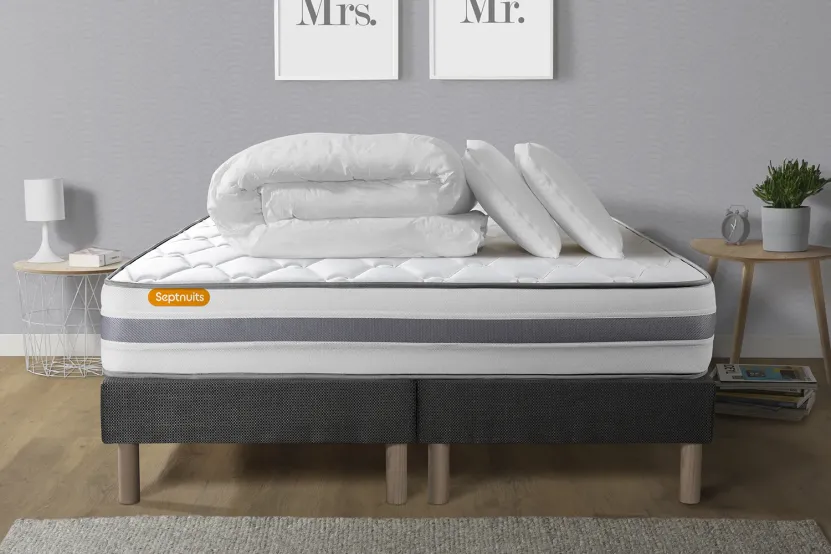 Pack lit complet 200x200 cm - Matelas + 2 Sommiers Gris + 2 oreillers + Couette - Memo Spring