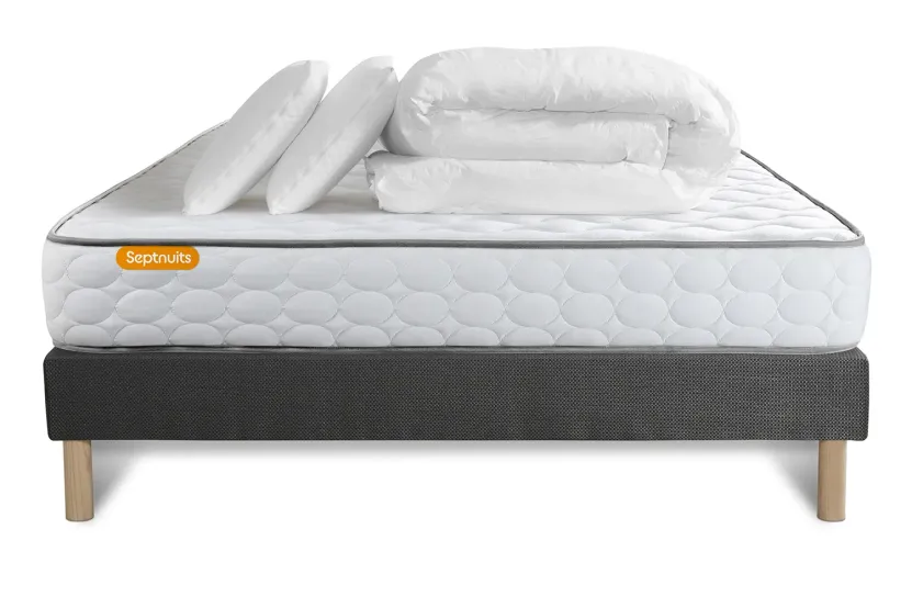 Pack lit complet 140x190 cm - Matelas + Sommier Gris + 2 oreillers + Couette - Memo