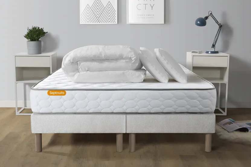 Pack lit complet 180x200 cm - Matelas + 2 Sommiers Blancs + 2 oreillers + Couette - Memo