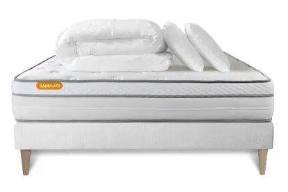 Pack lit complet 140x190 cm - Matelas + Sommier Blanc (en kit) + 2 oreillers + Couette - Memo Luxe
