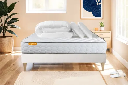 Pack lit complet 140x200 cm - Matelas + Sommier Blanc + 2 oreillers + Couette - Memo