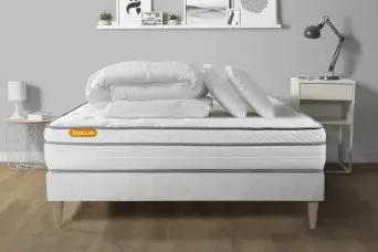 Pack lit complet 140x190 cm - Matelas + Sommier Blanc (en kit) + 2 oreillers + Couette - Memo Luxe