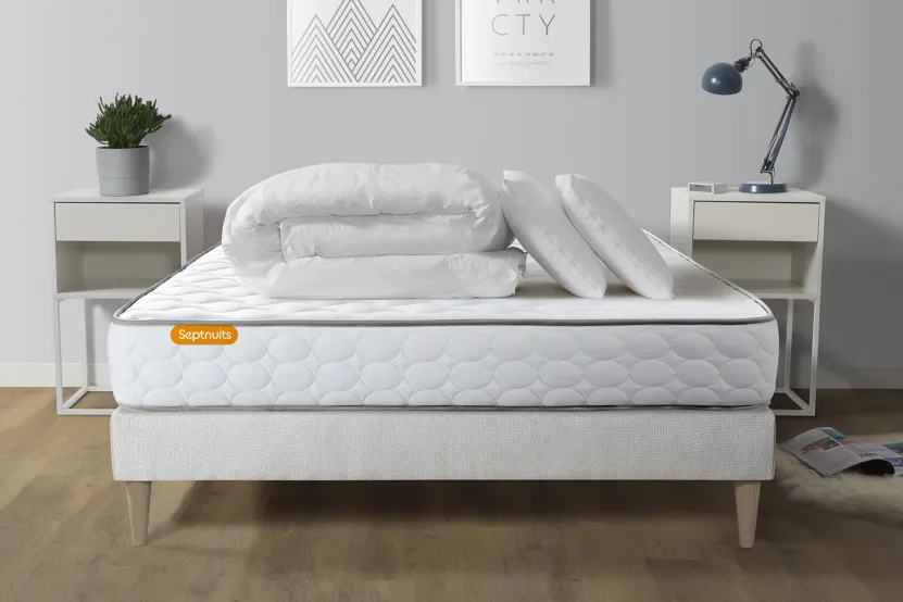 Pack lit complet 140x200 cm - Matelas + Sommier Blanc (en kit) + 2 oreillers + Couette - Memo