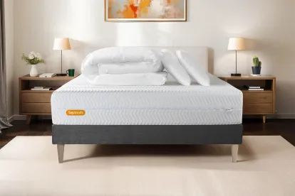 Pack lit complet 140x190 cm - Matelas + Sommier Gris (en kit) + 2 oreillers + Couette - Memo Bio
