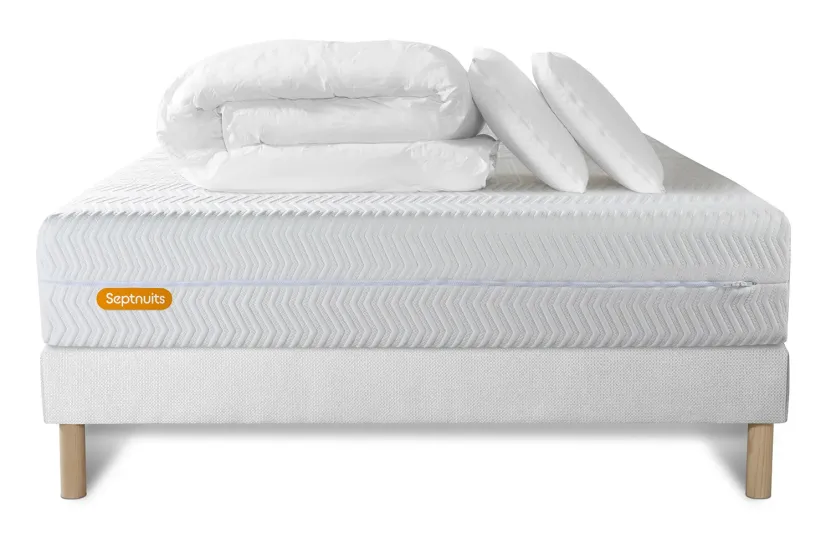 Pack lit complet 160x200 cm - Matelas + Sommier Blanc + 2 oreillers + Couette - Memo Bio