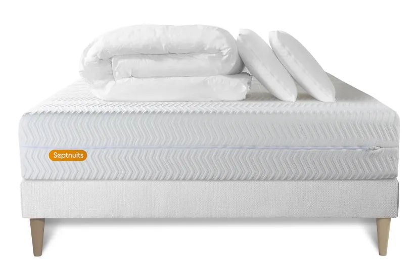 Pack lit complet 180x200 cm - Matelas + Sommier Blanc (en kit) + 2 oreillers + Couette - Memo Bio