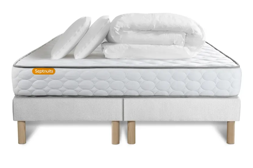 Pack lit complet 160x200 cm - Matelas + 2 Sommiers Blancs + 2 oreillers + Couette - Memo