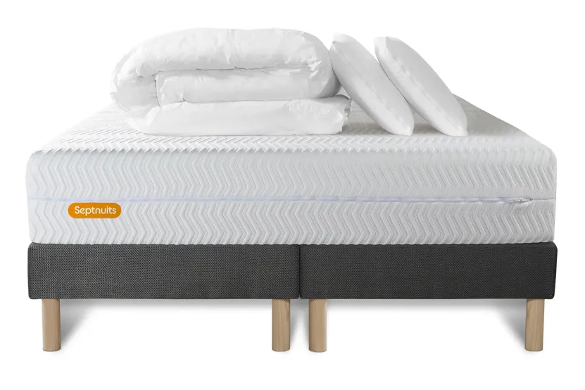 Pack lit complet 180x200 cm - Matelas + 2 Sommiers Gris + 2 oreillers + Couette - Memo Bio