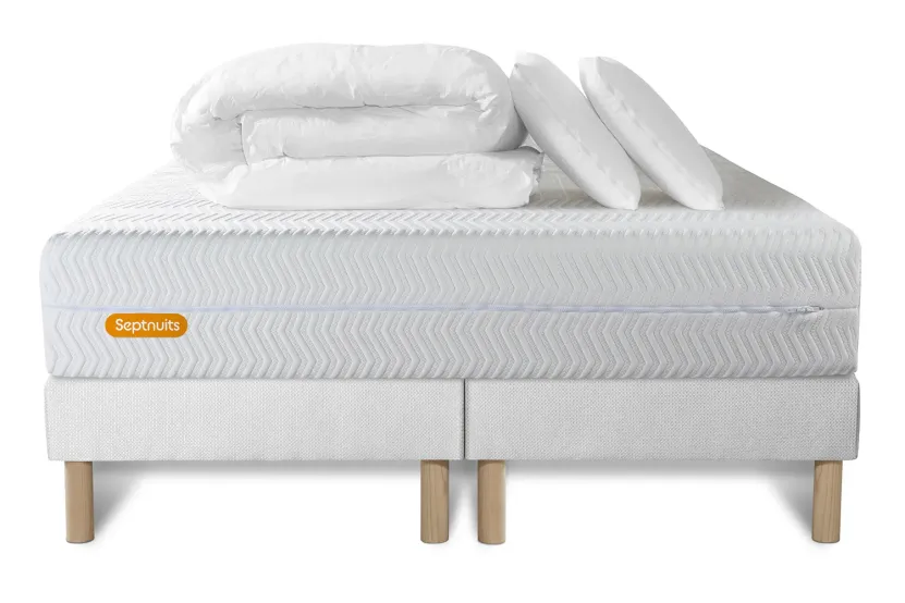 Pack lit complet 180x200 cm - Matelas + 2 Sommiers Blancs + 2 oreillers + Couette - Memo Bio