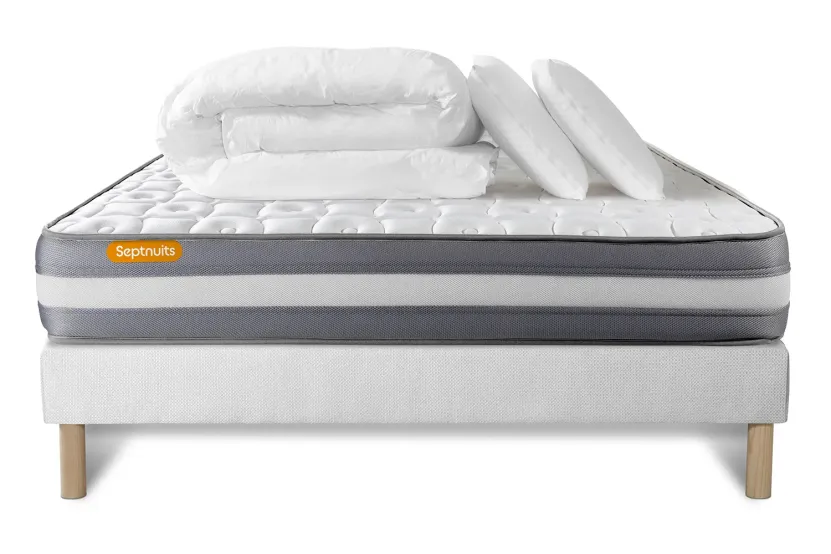 Pack lit complet 140x190 cm - Matelas + Sommier Blanc + 2 oreillers + Couette - Memo Plus