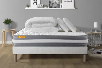 Pack lit complet 160x200 cm - Matelas + Sommier Blanc + 2 oreillers + Couette - Memo Plus