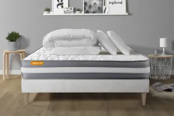 Pack lit complet 140x200 cm - Matelas + Sommier Blanc (en kit) + 2 oreillers + Couette - Memo Plus