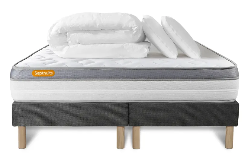 Pack lit complet 160x200 cm - Matelas + 2 Sommiers Gris + 2 oreillers + Couette - Memo Zen