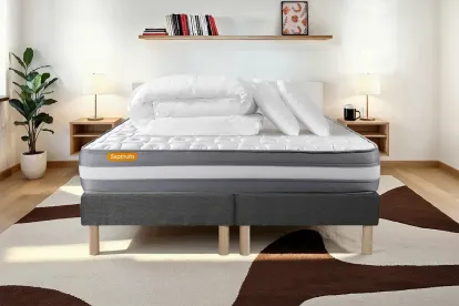 Pack lit complet 160x200 cm - Matelas + 2 Sommiers Gris + 2 oreillers + Couette - Memo Plus