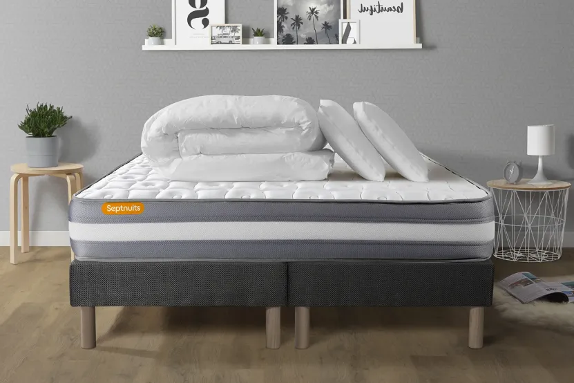 Pack lit complet 160x200 cm - Matelas + 2 Sommiers Gris + 2 oreillers + Couette - Memo Plus