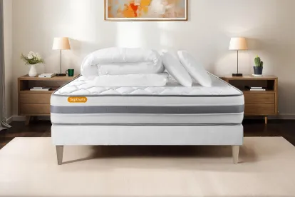 Pack lit complet 160x200 cm - Matelas + Sommier Blanc + 2 oreillers + Couette - Memo Spring