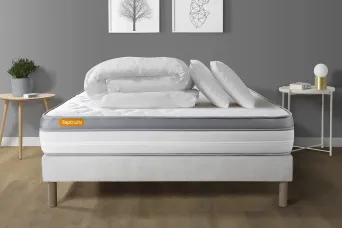 Pack lit complet 160x200 cm - Matelas + Sommier Blanc + 2 oreillers + Couette - Memo Zen