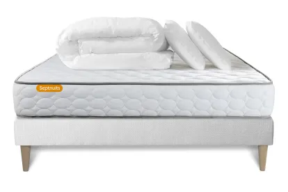 Pack lit complet 180x200 cm - Matelas + Sommier Blanc (en kit) + 2 oreillers + Couette - Memo