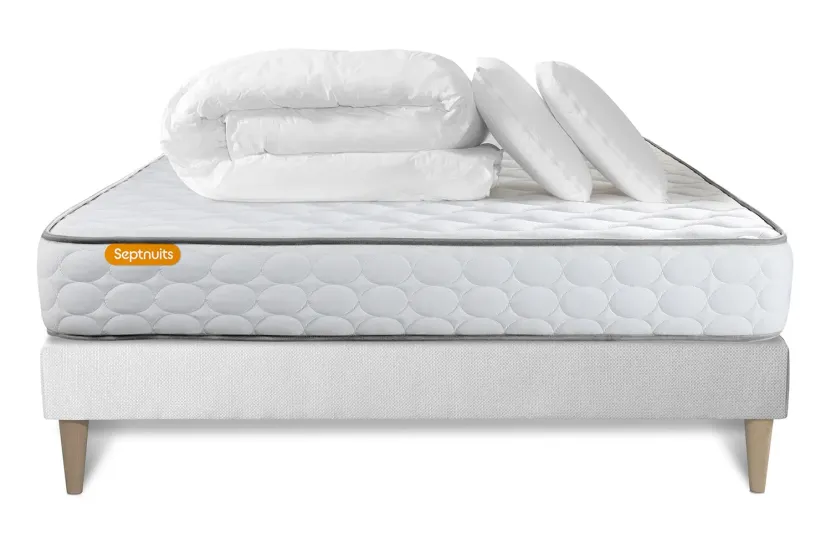 Pack lit complet 140x200 cm - Matelas + Sommier Blanc (en kit) + 2 oreillers + Couette - Memo