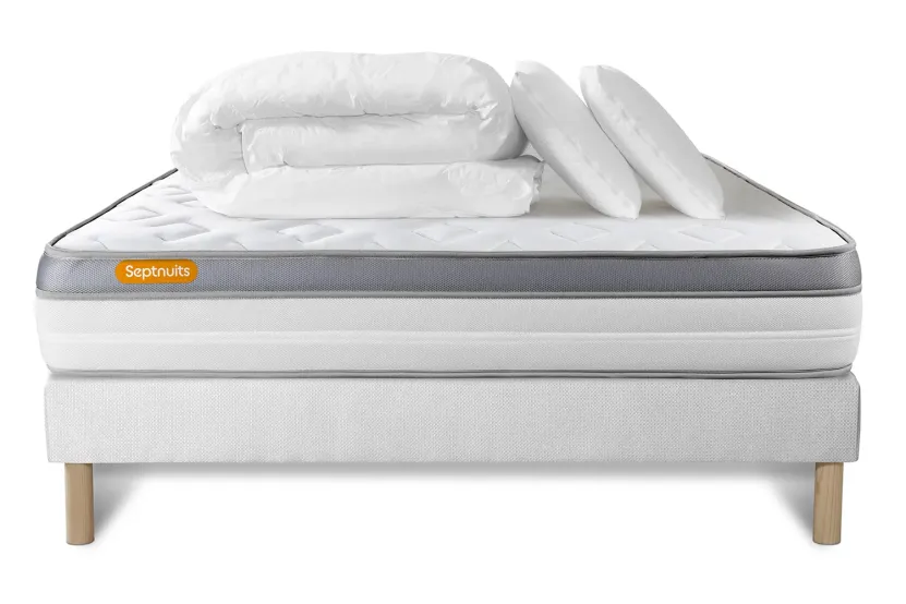 Pack lit complet 160x200 cm - Matelas + Sommier Blanc + 2 oreillers + Couette - Memo Zen