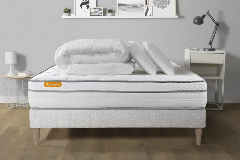 Pack lit complet 180x200 cm - Matelas + Sommier Blanc (en kit) + 2 oreillers + Couette - Memo Luxe