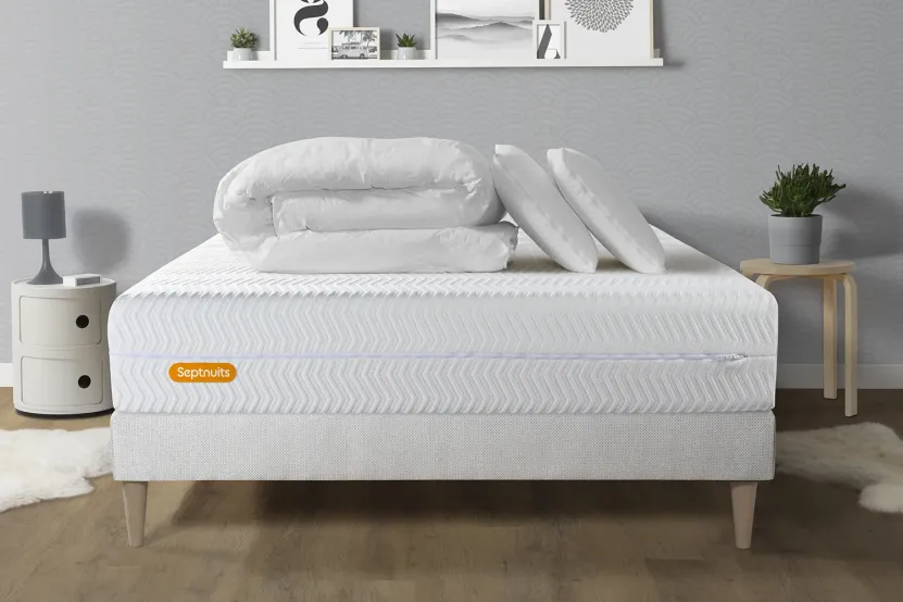 Pack lit complet 160x200 cm - Matelas + Sommier Blanc (en kit) + 2 oreillers + Couette - Memo Bio