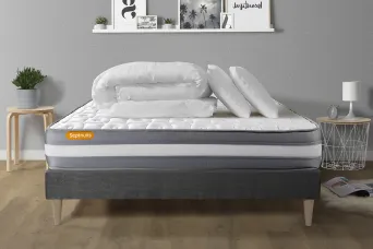 Pack lit complet 140x200 cm - Matelas + Sommier Gris (en kit) + 2 oreillers + Couette - Memo Plus