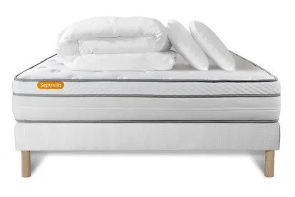Pack lit complet 140x190 cm - Matelas + Sommier Blanc + 2 oreillers + Couette - Memo Luxe