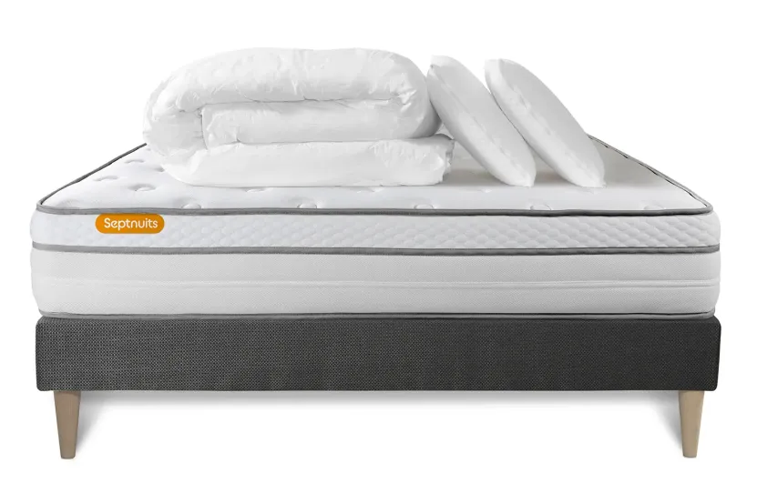 Pack lit complet 140x190 cm - Matelas + Sommier Gris (en kit) + 2 oreillers + Couette - Memo Luxe