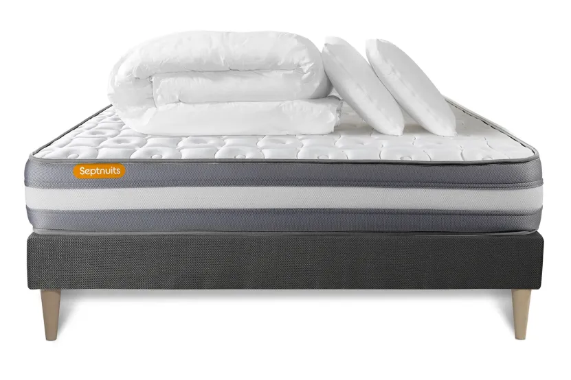 Pack lit complet 140x200 cm - Matelas + Sommier Gris (en kit) + 2 oreillers + Couette - Memo Plus