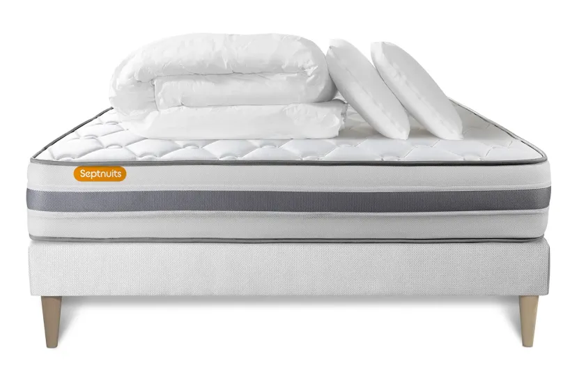 Pack lit complet 140x190 cm - Matelas + Sommier Blanc (en kit) + 2 oreillers + Couette - Memo Spring