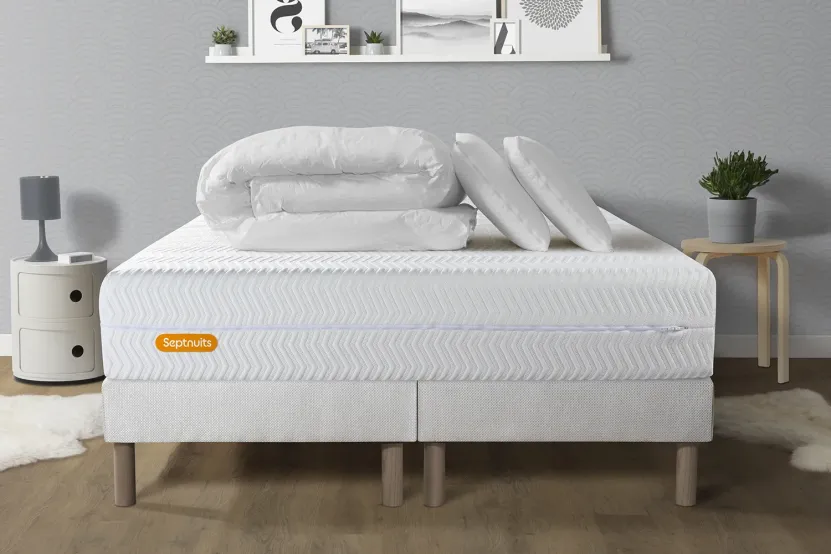 Pack lit complet 200x200 cm - Matelas + 2 Sommiers Blancs + 2 oreillers + Couette - Memo Bio