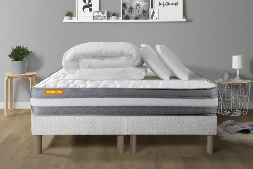 Pack lit complet 160x200 cm - Matelas + 2 Sommiers Blancs + 2 oreillers + Couette - Memo Plus