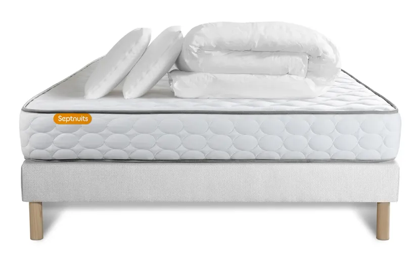 Pack lit complet 140x190 cm - Matelas + Sommier Blanc + 2 oreillers + Couette - Memo